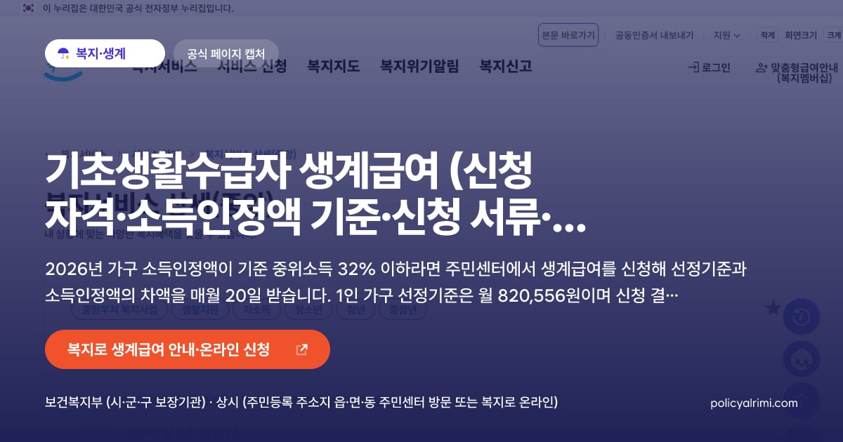기초생활수급자 생계급여 (신청 자격·소득인정액 기준·신청 서류·처리 기간) 대표 이미지: 2026년 가구 소득인정액이 기준 중위소득 32% 이하라면 주민센터에서 생계급여를 신청해 선정기준과 소득인정액의 차액을 매월 20일 받습니다. 1인 가구 선정기준은 월 820,556원이며 신청 결과는 원칙적으로 30일 안에 통지됩니다.