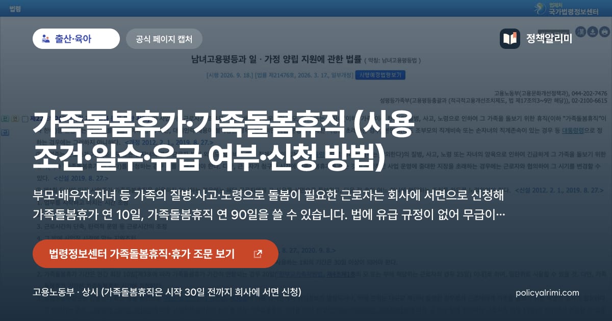 가족돌봄휴가·가족돌봄휴직 (사용 조건·일수·유급 여부·신청 방법) 요약 이미지