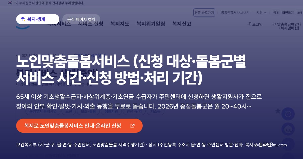 노인맞춤돌봄서비스 (신청 대상·돌봄군별 서비스 시간·신청 방법·처리 기간) 대표 이미지: 65세 이상 기초생활수급자·차상위계층·기초연금 수급자가 주민센터에 신청하면 생활지원사가 집으로 찾아와 안부 확인·말벗·가사·외출 동행을 무료로 돕습니다. 2026년 중점돌봄군은 월 20~40시간, 일반돌봄군은 월 16시간 미만이며 신청 후 30일 안에 결과가 옵니다.