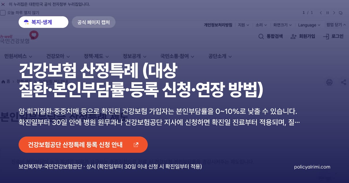 건강보험 산정특례 (대상 질환·본인부담률·등록 신청·연장 방법) 대표 이미지: 암·희귀질환·중증치매 등으로 확진된 건강보험 가입자는 본인부담률을 0~10%로 낮출 수 있습니다. 확진일부터 30일 안에 병원 원무과나 건강보험공단 지사에 신청하면 확진일 진료부터 적용되며, 질환에 따라 최대 5년간 이어집니다.